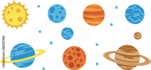 Colorful vector illustration of solar system planets and sun, educational space design for astronomy learning, science and universe exploration