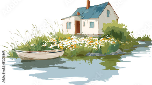 Charming House with Flowers and Boat on Water Painting