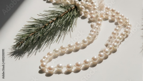 Elegant white pearl necklace with a frosted pine branch on a light background.