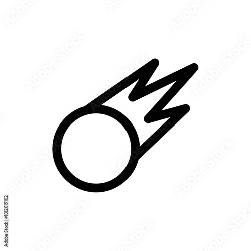 Minimalist black outline comet icon with a round head and jagged, fiery tail.