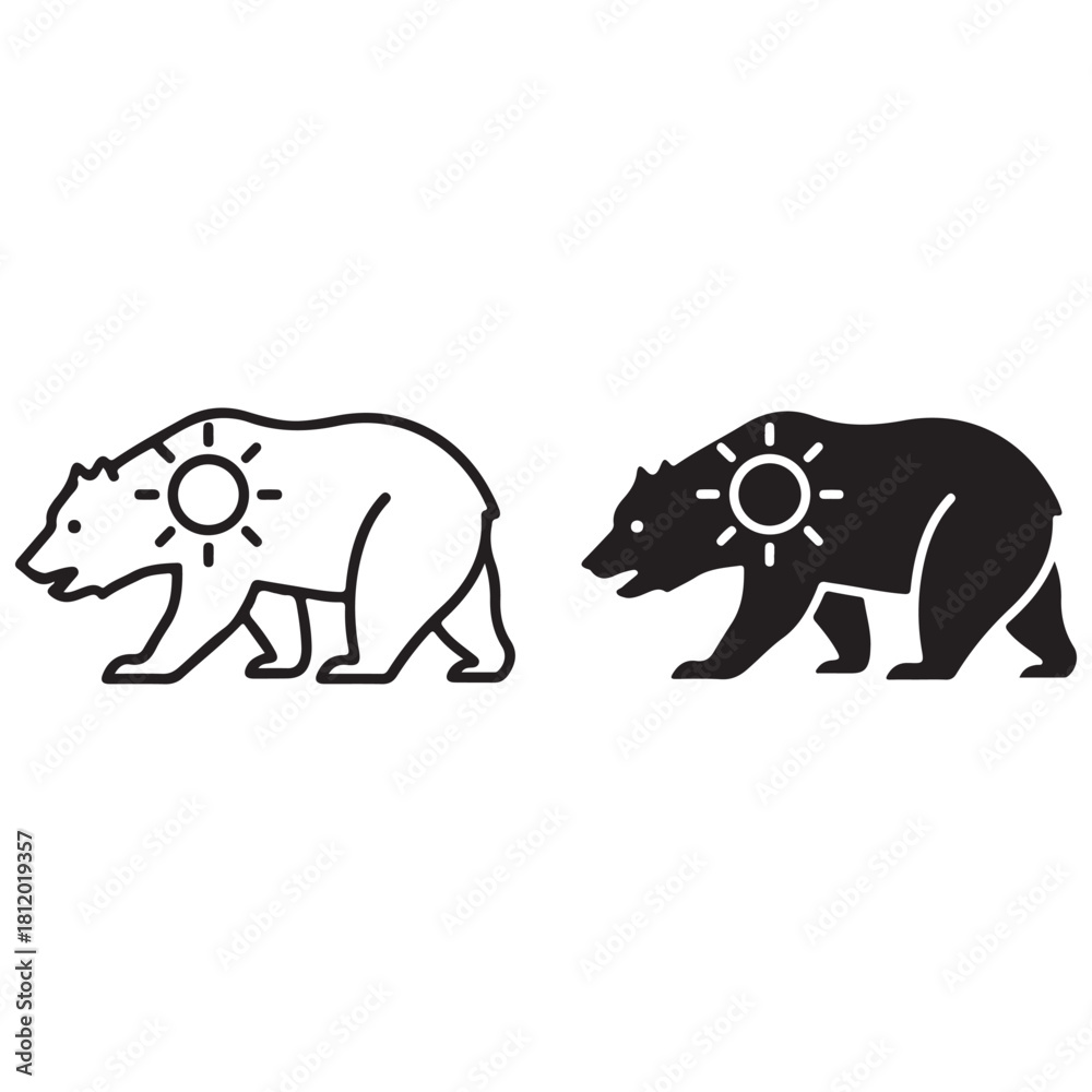 Fototapeta premium Stylized Bear Icons with Sun Symbol in Outline and Solid Form