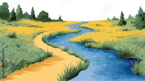 Scenic Path in Field with River Painting for Adobe Stock Photos