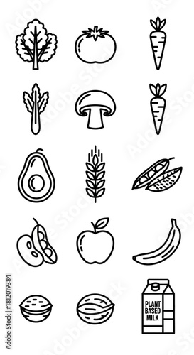 Minimalist black outline icons of plant-based foods - fruits, vegetables, nuts, and plant milk carton.