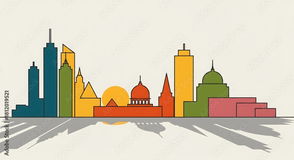 Obraz premium Minimal geometric illustration of a city skyline made from simple shapes,generative AI