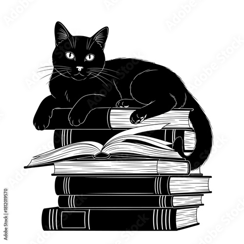 Black Cat on Stack of Books - Cozy Literary Vector Illustration