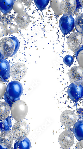 Celebration archway of blue silver and white balloons with confetti
