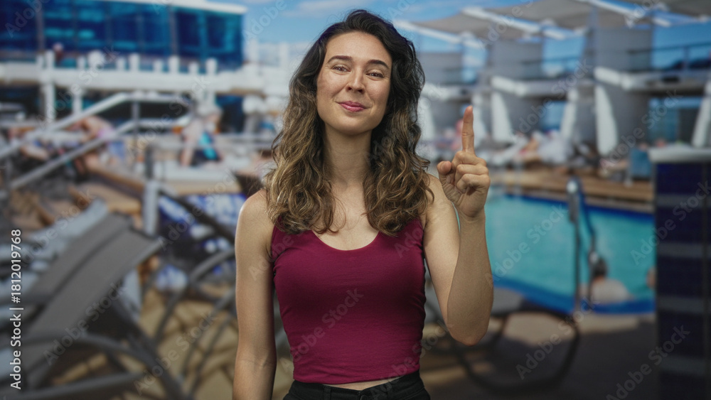 Fototapeta premium Woman points finger to object on boat deck with pool and loungers in view amid sunlit setting; confidence.