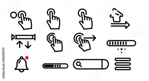 Minimalist black outline UIUX interaction icons set featuring tap, swipe, scroll, search, and menu elements.