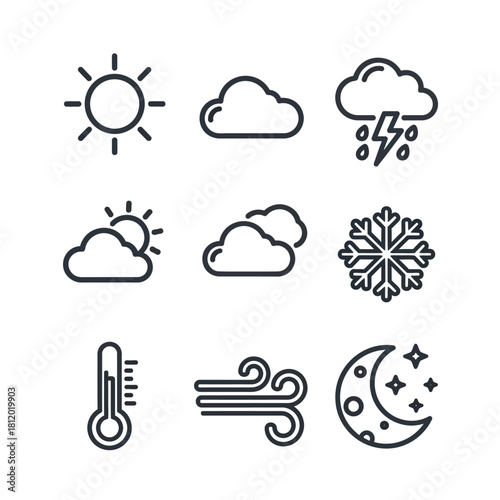 Minimalist black outline weather icons set featuring sun, clouds, rain, lightning, snowflake, thermometer, wind, and moon.