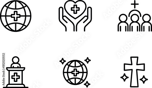 Outline icons of christianity isolated on