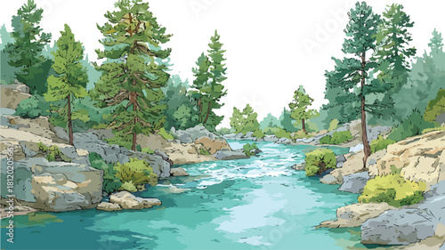 Scenic River Landscape Painting with Trees and Rocks Vector Illustration