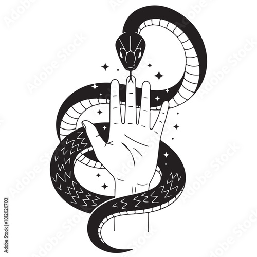 Mystical Black and White Illustration of a Hand and Coiled Serpent with Sparkling Stars