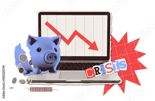 A broken piggy bank against the background of a laptop with a downward-facing graph on the screen. Concept of an economic crisis. Vector illustration in a modern halftone collage style