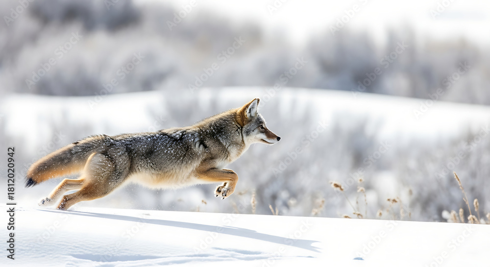 Obraz premium Coyote running through snowy landscape animal wildlife