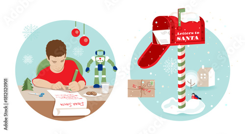 Little boy writing a Christmas wishlist letter for Santa Claus. Traditional red vintage mailbox decorated for winter holidays, letters from kids to Santa. Set of round framed vector illustrations