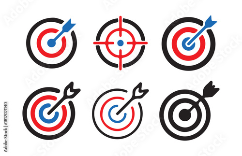 Dartboard with arrow icons or bullseye target aim signs as accurate marketing goal concept