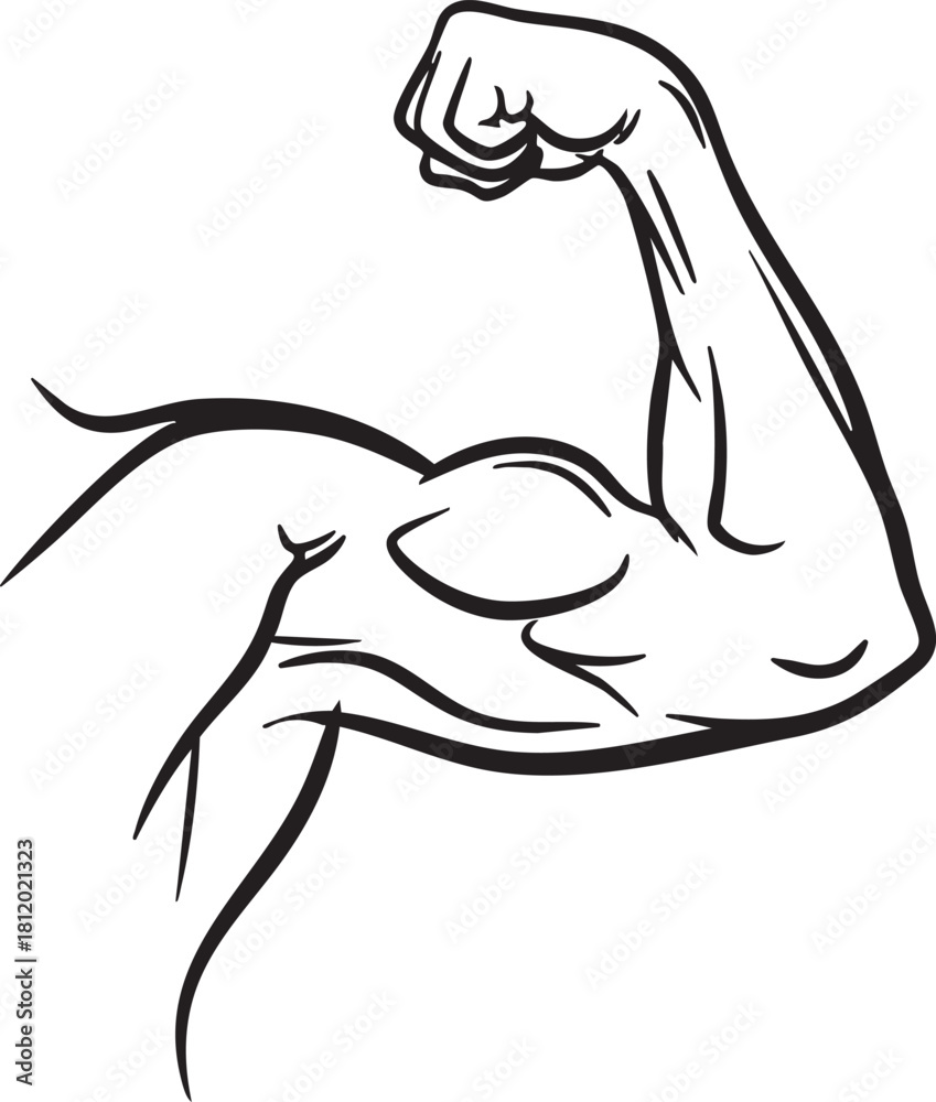 Fototapeta premium Flexed bicep strong arm muscle cartoon illustration of power and fitness isolated on transparent background