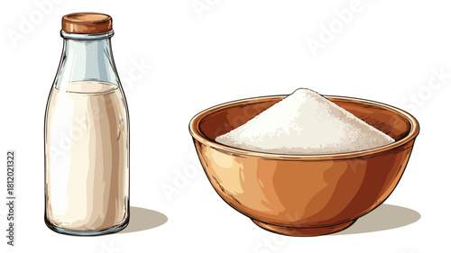 Elegant Bottle of Milk and Bowl of Sugar Vector Illustration for Culinary Concepts