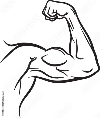 Flexed bicep strong arm muscle cartoon illustration of power and fitness isolated on transparent background