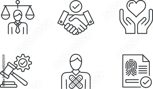 Justice and law line icon set isolated on