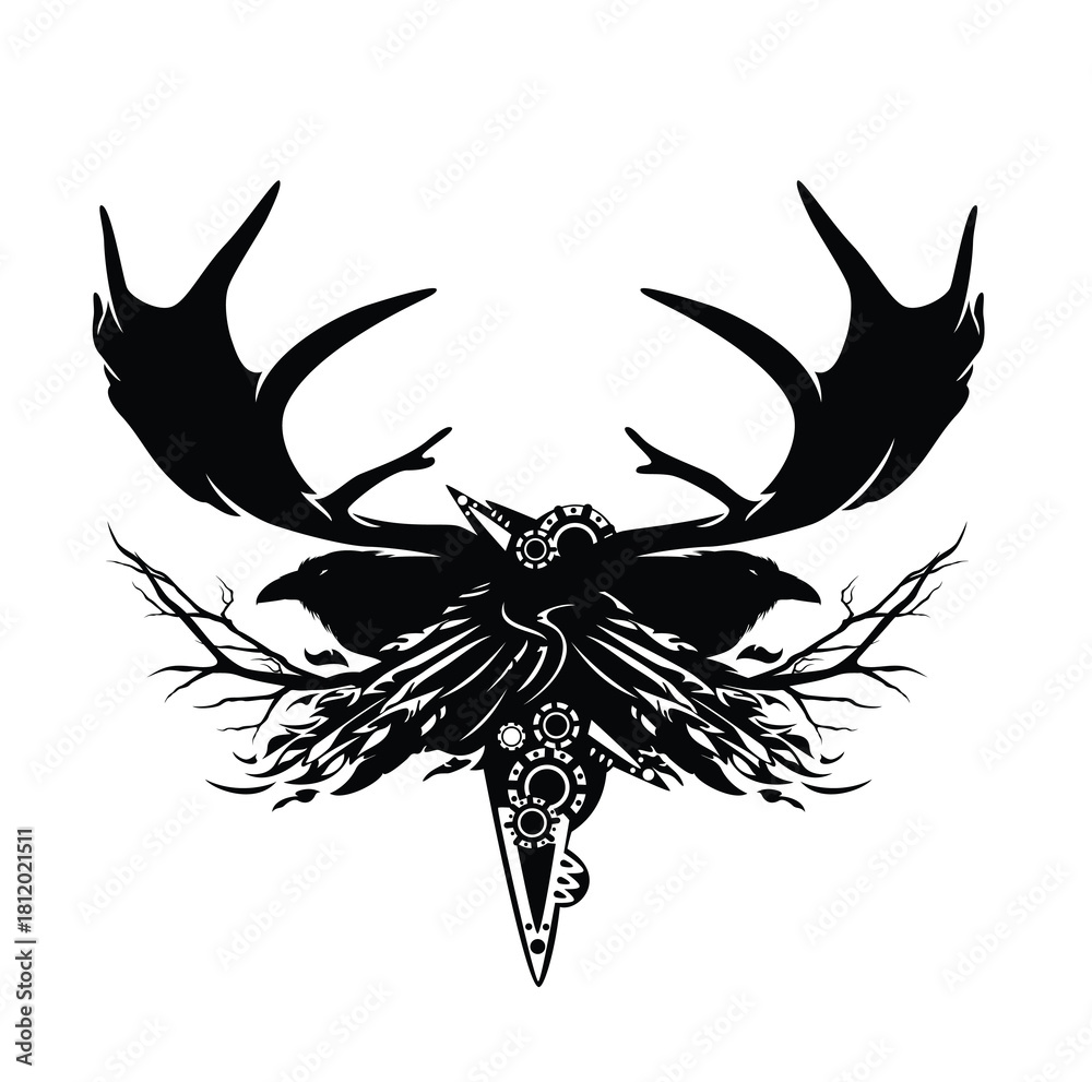 Obraz premium forest spirit magic totem with deer antlers and raven birds - fantasy pagan shaman black and white vector design