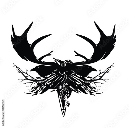 forest spirit magic totem with deer antlers and raven birds - fantasy pagan shaman black and white vector design