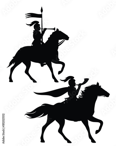 fantasy medieval knight herald riding horse holding banner spear and blowing trumpet - fairy tale horseback messenger black vector silhouette
