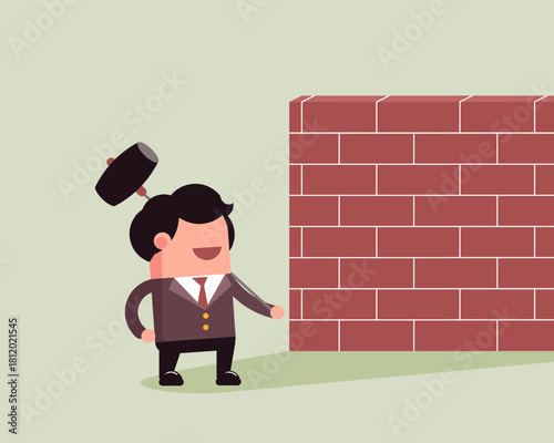 A cheerful cartoon businessman lifts a hammer, ready to break through a tall brick wall, symbolizing overcoming obstacles and determination.