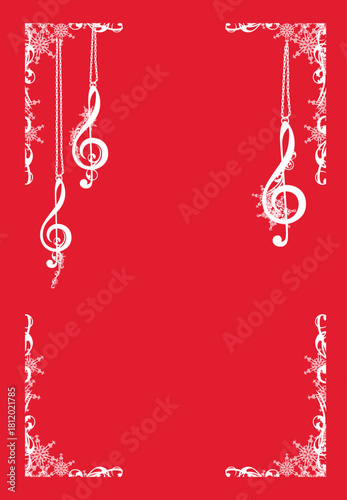 frame border made of frozen snowflakes and hanging treble clef decor - festive music theme copy space vector design set for winter season postcard