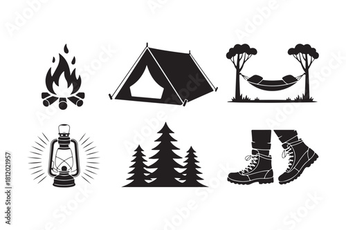 Collection of rustic camping and outdoor adventure icons