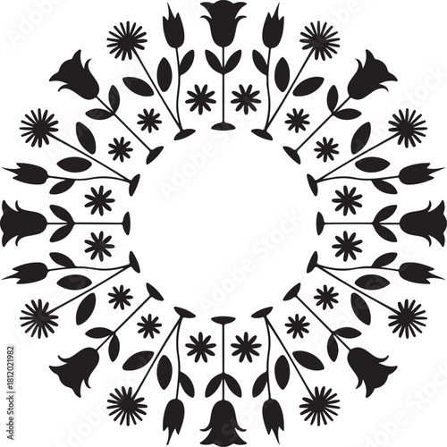 Black silhouette of multiple flowers forming a circle pattern.