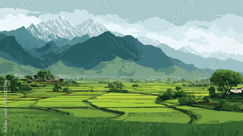 Spectacular Rice Fields and Mountain Landscape View Vector Image