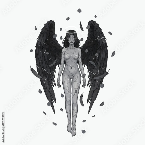 Illustration of a nude woman with large black wings and falling debris against a white background.