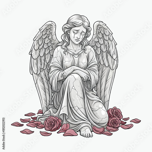 A serene angel sitting among red roses and petals in a contemplative pose on a white background.
