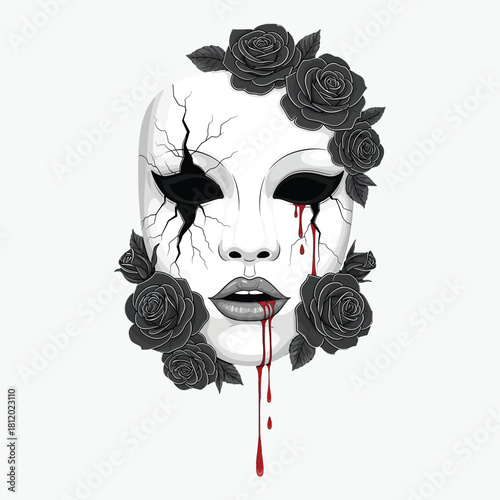 Illustration of a white face with black roses and cracked skin with blood