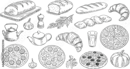 Detailed black and white bakery food illustration set including bread, pizza, croissants, garlic, pumpkin, and kitchen utensils in vintage style
