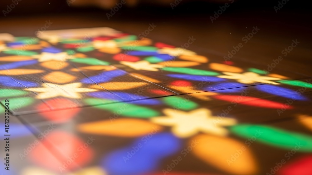 Fototapeta premium Colorful Light Patterns on Floor - A Kaleidoscope of Reflections.