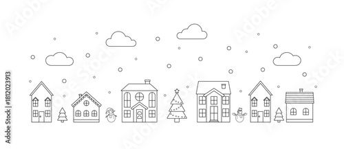 Suburb houses and christmas holidays. Linear illustration. City street and falling snow, winter landscape.
