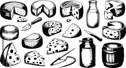 Detailed black and white cheese illustration set with milk jugs,