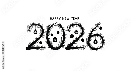 Festive 2026 numerals adorned with holiday ornaments and greenery, celebrating the New Year.