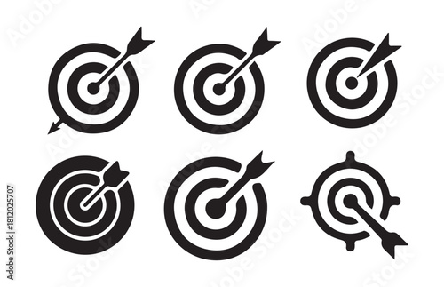 Set of black filled target and dart icons, bullseye hit, aiming for business goal