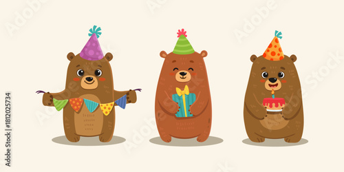 Set of cute cartoon bears with birthday decoration. Teddy bear with cake, gift. Animal in flat style for greeting card, books, aktivity page, happy birthday postcard. Vector illustration