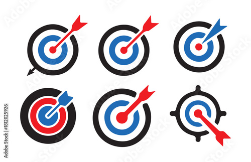 Dartboard with arrow icons or bullseye target aim signs as accurate marketing goal concept