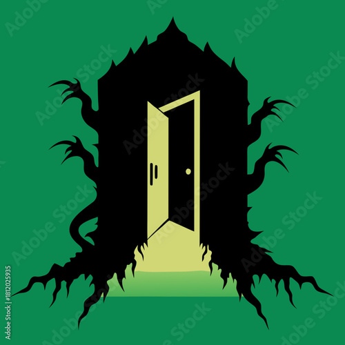 Creepy silhouette of a haunted house with an open door and glowing light silhouette isolated on white background isolated on transparent background