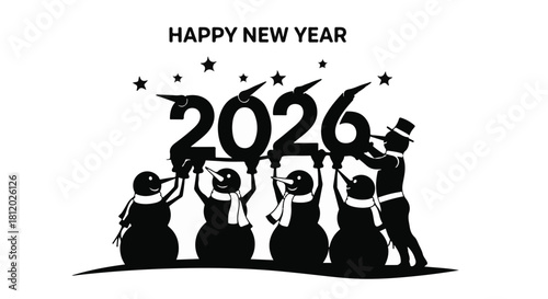 Playful snowmen celebrate the arrival of the new year 2026 with festive cheer.