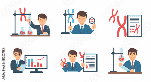 Scientists conducting experiments, analyzing data, and examining genetic structures in a lab setting.