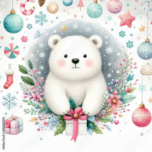 Adorable Polar Bear Cub Holding Gift Box – Cute Winter Holiday Illustration with Snowflakes, Ornaments & Festive Wreath – Perfect for Greeting Cards, Baby Products & Social Media