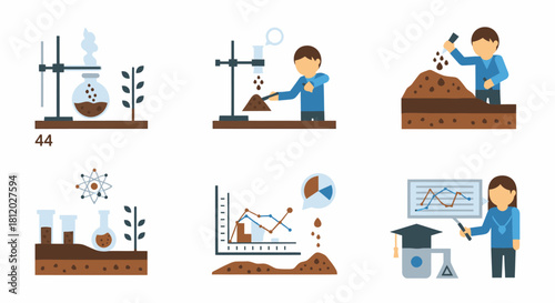 A set of six illustrations depicting scientific experiments related to soil, plants, and data analysis.
