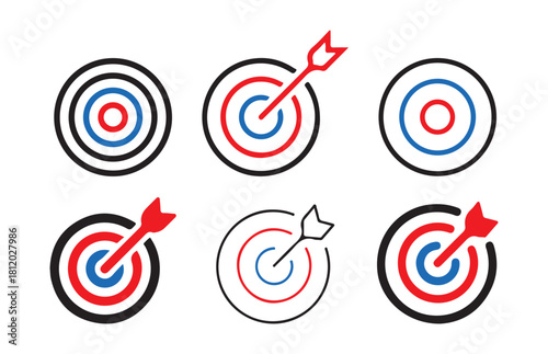 Set of six dartboard and arrow icons in red and blue isolated on a white background