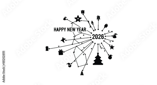 Festive explosion of holiday icons and the year 2026 celebrating new beginnings and joy